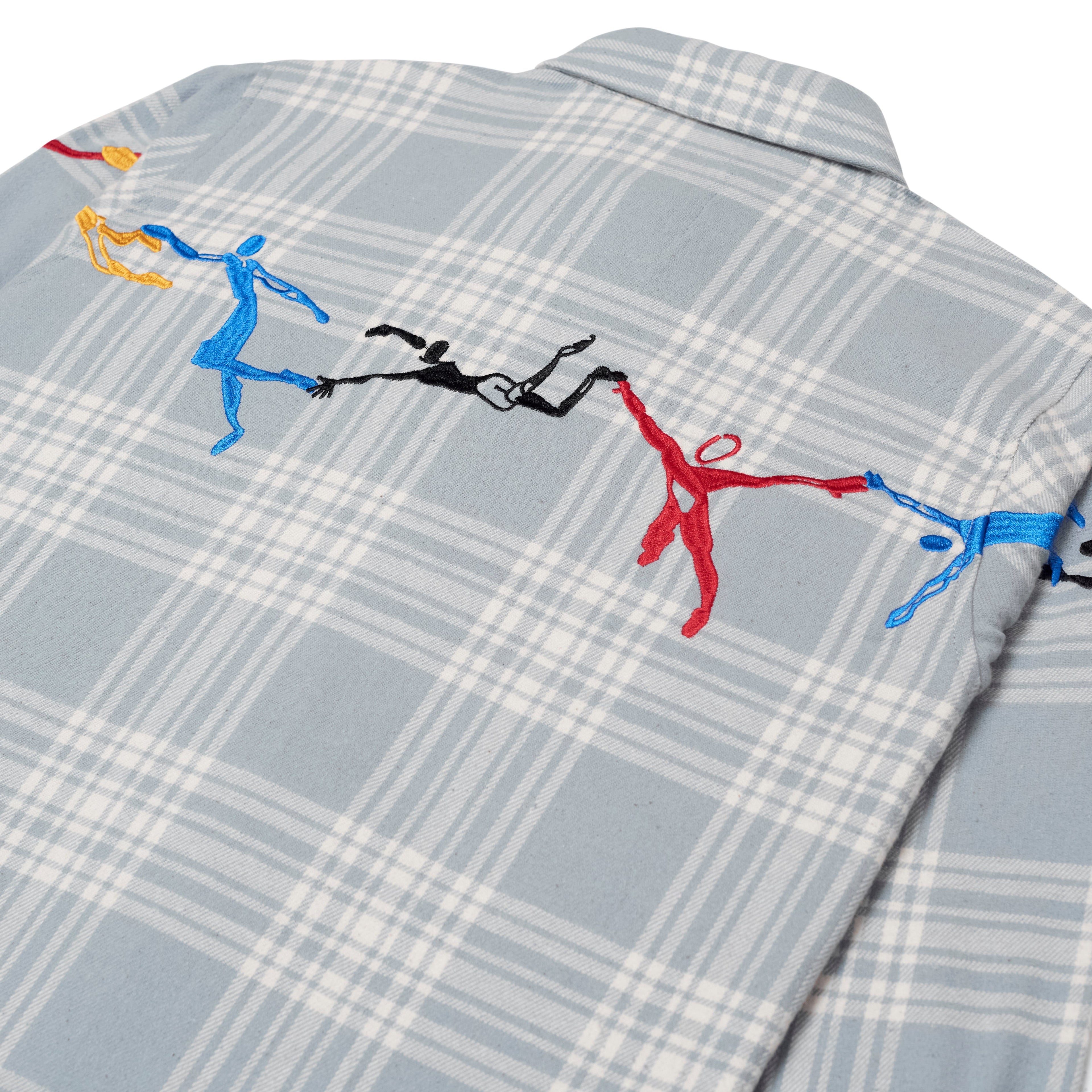 Embroidered Swinging Figures Flannel Shirt [Blue]