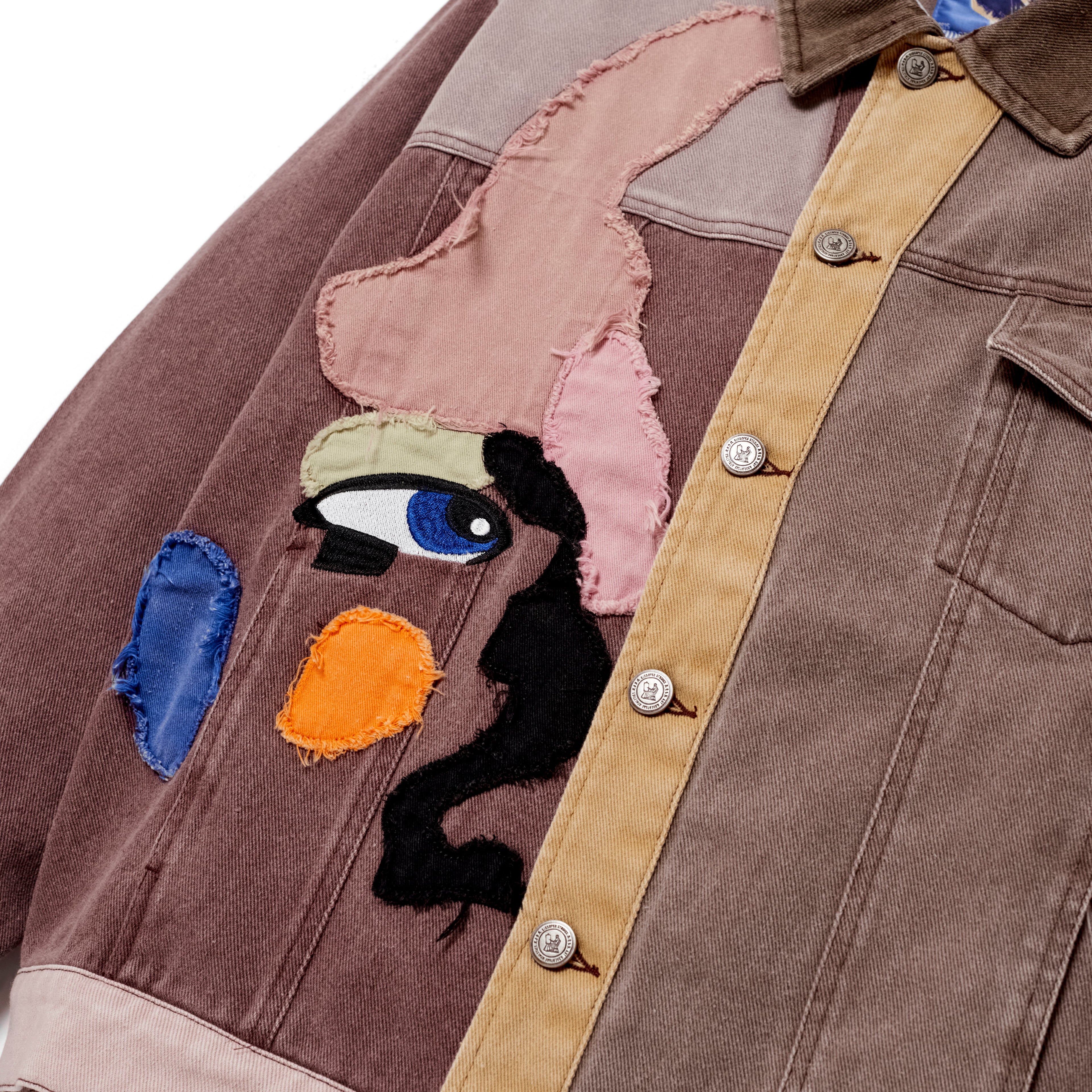 Patchwork Face Colorblocked Twill Jacket [Brown/Multi]
