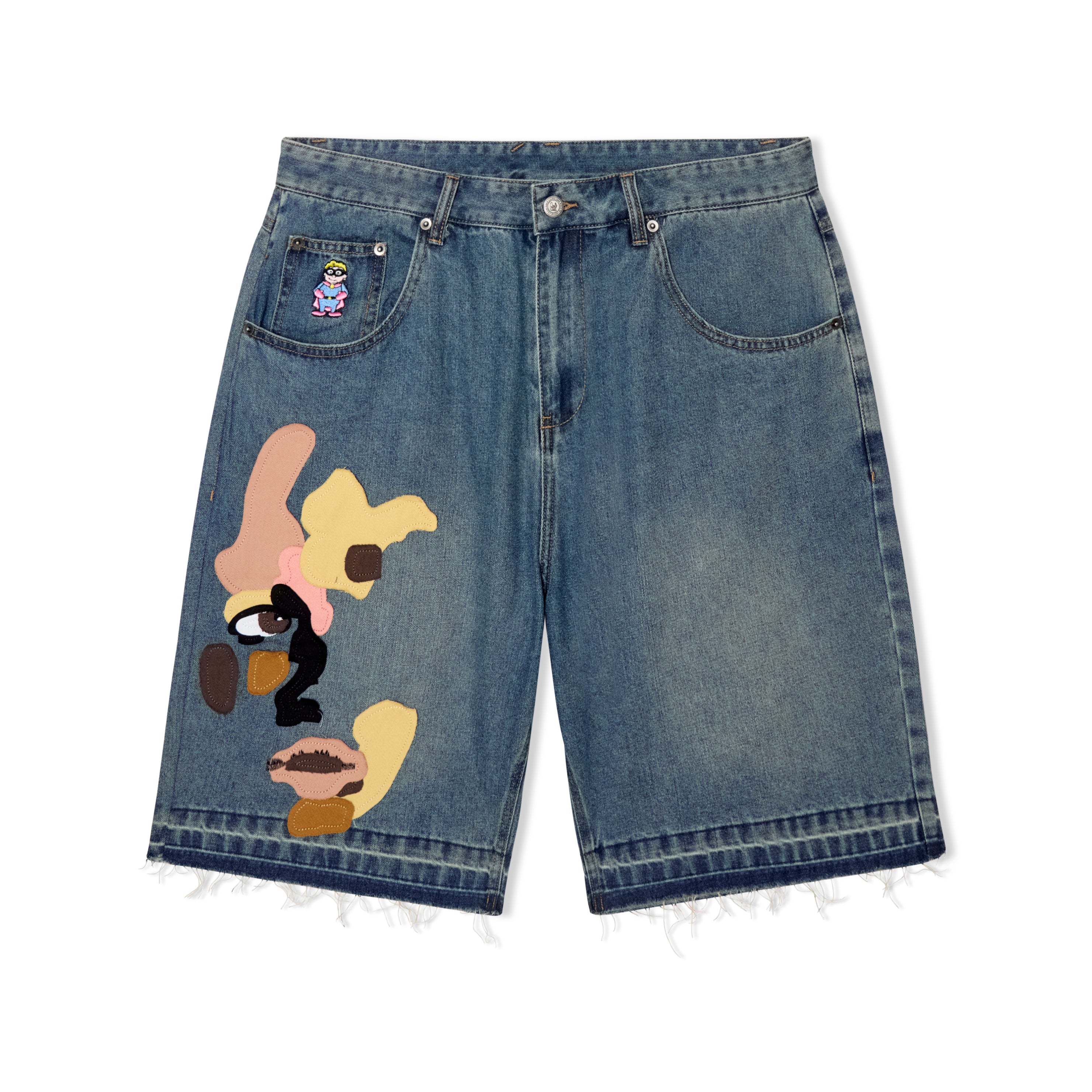 Face Patchwork Baggy Shorts [Light Wash]