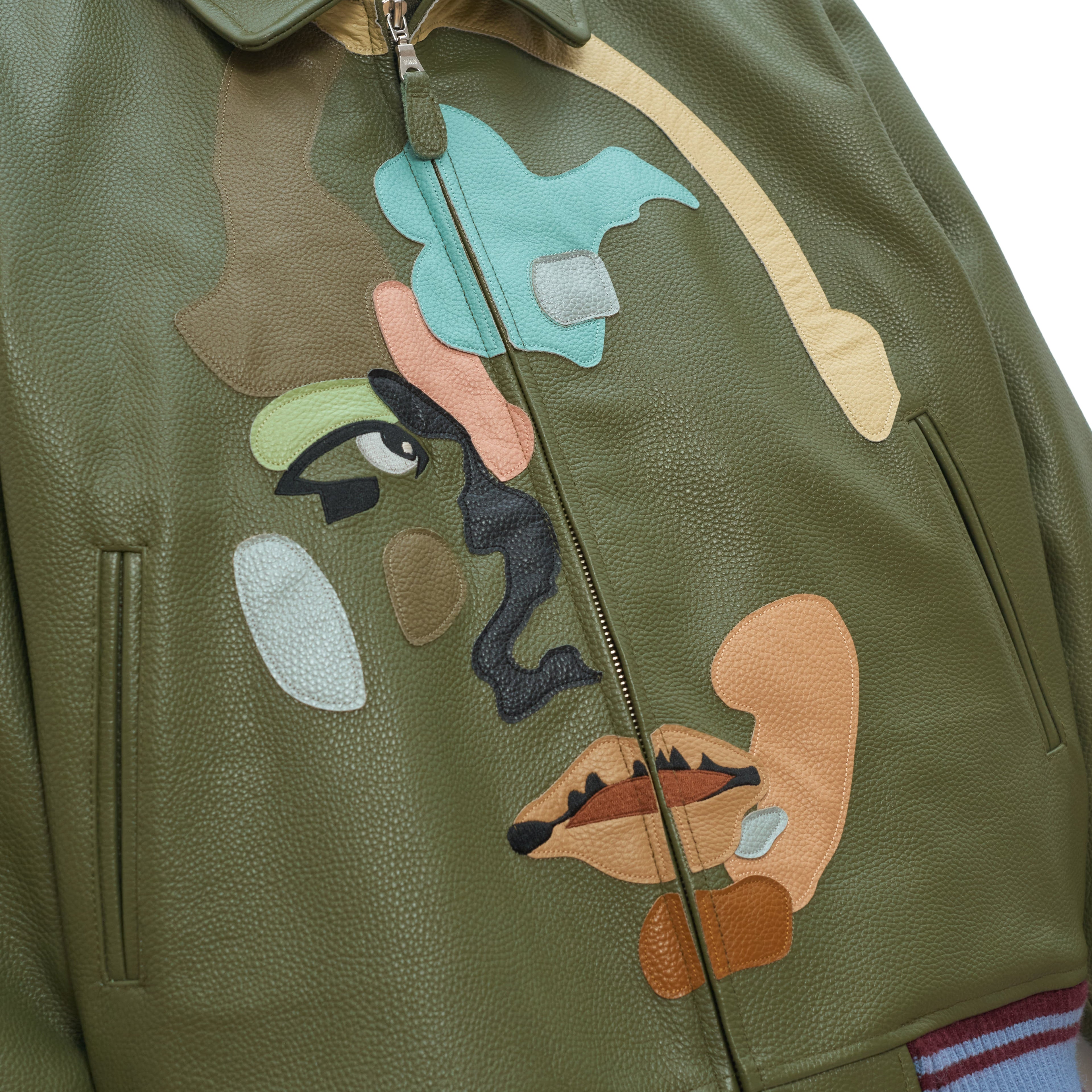 Patchwork Face Leather Varsity Jacket [Green]