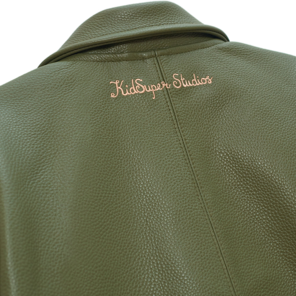 Patchwork Face Leather Varsity Jacket [Green]